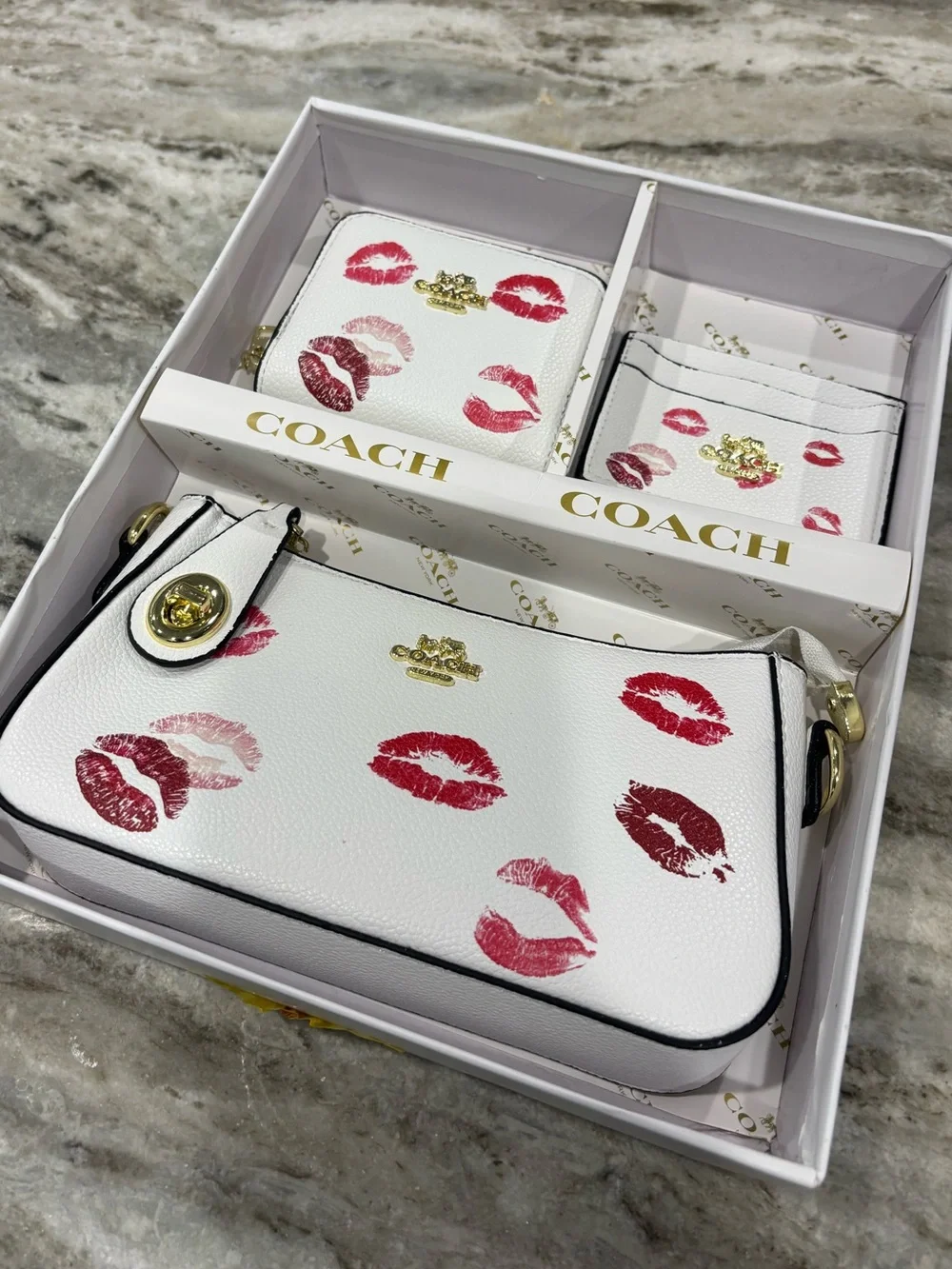Coach White Leather Kiss Print Crossbody Set - White with Red & Pink Lips